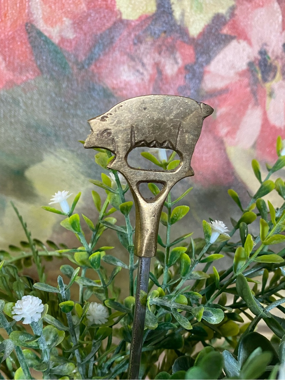 Vintage PIG barbecue/kebab skewer, solid brass finial